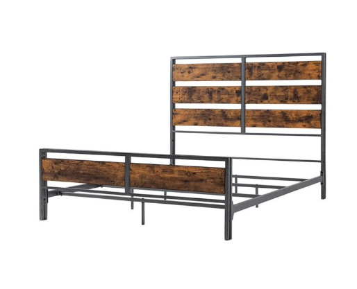 Industrial Queen Size Metal and Wood Plank Bed - Brown
