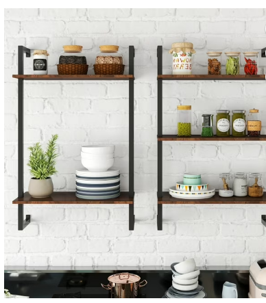 Industrial Pipe Shelf 3 Tier and 2 Tier Wall Mounted Shelves 36in Wood Display Shelves and 3 additional hooks Farmhouse Kitchen Bar Shelf DIY Bookshelf Unit Hanging Wall Shelves for Bedroom