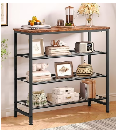 HEFPTURE SpatialMaster 3-Tier Modern Storage Shelf – Metal Frame with Rustic Wood Top, Open Shelving Unit for Kitchen, Entryway, or Living Room