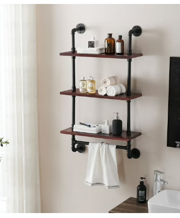 MCombo Industrial Pipe Bathroom Wall Mounted Shelf, Solid Wood 3-tier brown 24'' x 9.84'' x 42.1''
