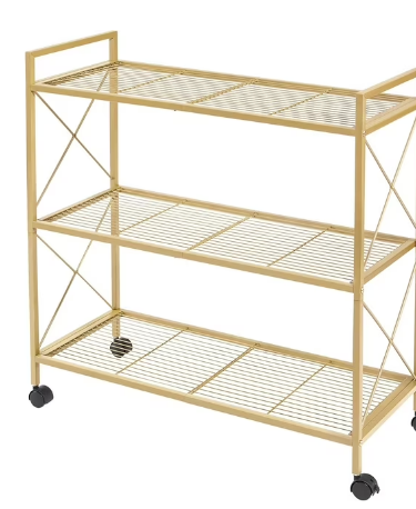 3 level metal storage rack with wheels, mesh shelf unit with X-side frame, 31.5 inches wide, suitable for entrance, kitchen, living room, bathroom, industrial style, metal gold