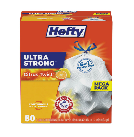 Hefty® Extra Heavy-Duty Ultra Strong Scented Tall Kitchen Bags, Drawstring, 13 gal, Citrus Twist, 23.75" x 24.88", White, 80/Box