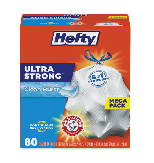 Hefty® Extra Heavy-Duty Ultra Strong Scented Tall Kitchen Bags, Drawstring, 13 gal, Clean Burst, 23.75" x 24.88", White, 80/Box