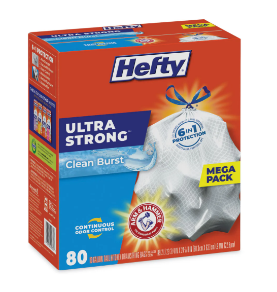 Hefty® Extra Heavy-Duty Ultra Strong Scented Tall Kitchen Bags, Drawstring, 13 gal, Clean Burst, 23.75" x 24.88", White, 80/Box