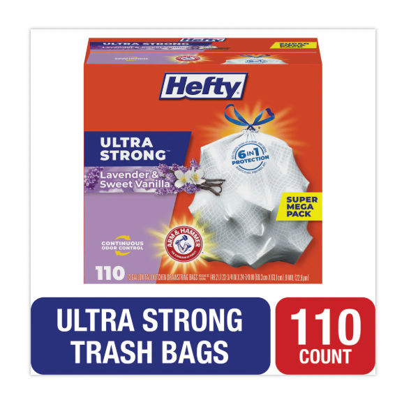 Hefty® Extra Heavy-Duty Ultra Strong Scented Tall Kitchen Bags, Drawstring, 13 gal, Lavender/Vanilla, 23.75 x 24.88, White, 110/Box