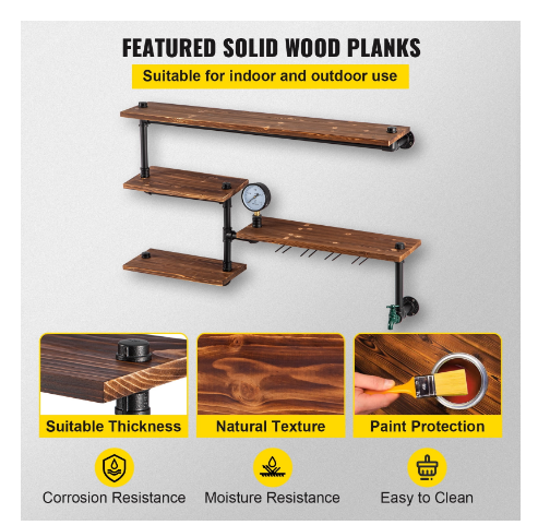 VEVOR Pipe Shelf, Industrial Steel Pipes Shelving w/ 4-Tier Solid Wood Planks, Modern Rustic Floating Shelves Wall Mounted, DIY Storage Bracket for Bookshelf, Kitchen, Bathroom, Home Decor, Brown