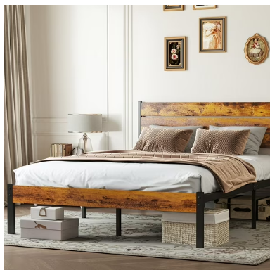 EDX Queen Size Metal Bed Frame with Industrial Wooden Headboard, Ample Storage, Noise-Free Design, Sturdy Steel Slat Support, Rustic Brown